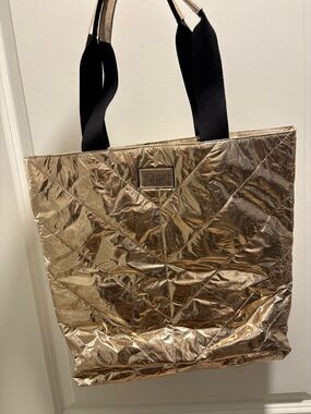 Victoria's Secret Gold Quilted Metallic Tote with Black Straps